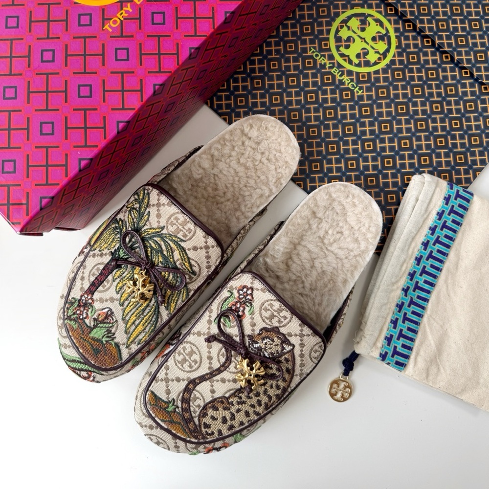 NEW Tory Burch Monogram Jacquard Needlepoint Shearling Mules Cheetah Tropical